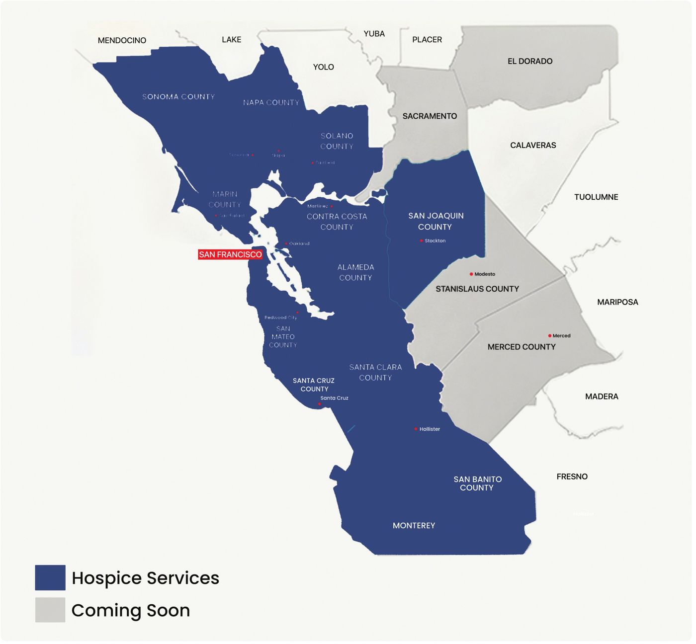 Map of Northern California counties: Star Care Hospice serves Sonoma, Napa, Solano, Marin, Contra Costa, Alameda, San Francisco, San Mateo, Santa Clara, Santa Cruz, San Joaquin, San Benito and Monterey; Sacramento, Stanislaus and Merced are coming soon