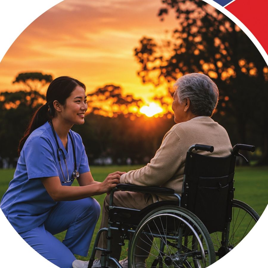 A hospice nurse kneels beside a smiling elderly woman in a wheelchair at sunset